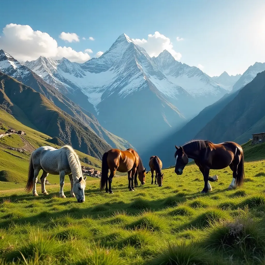 Majestic Horses Grazing in the Peruvian Andes near Cusco