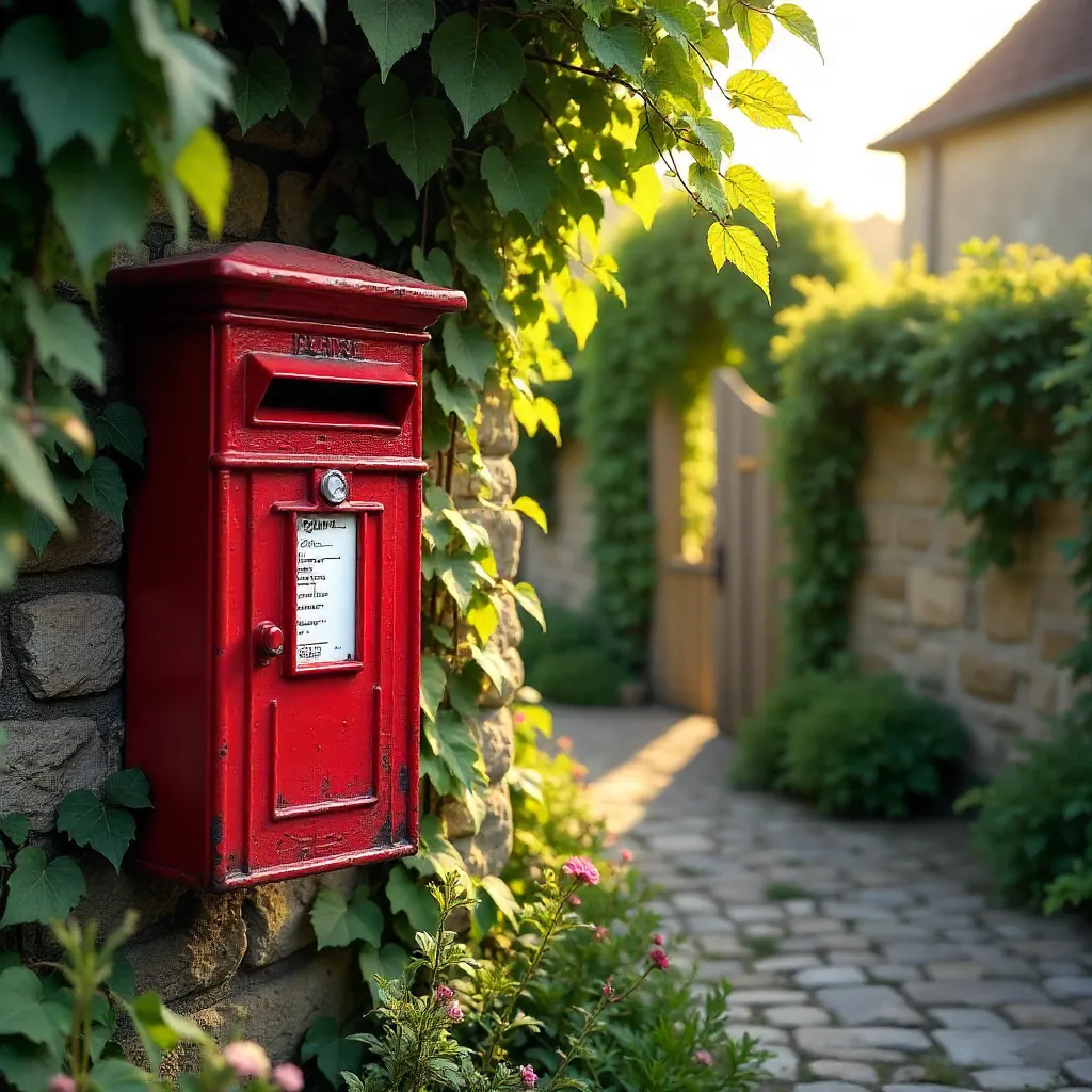 Red Post Box on Ivy-Wrapped Stone Wall in Brittany