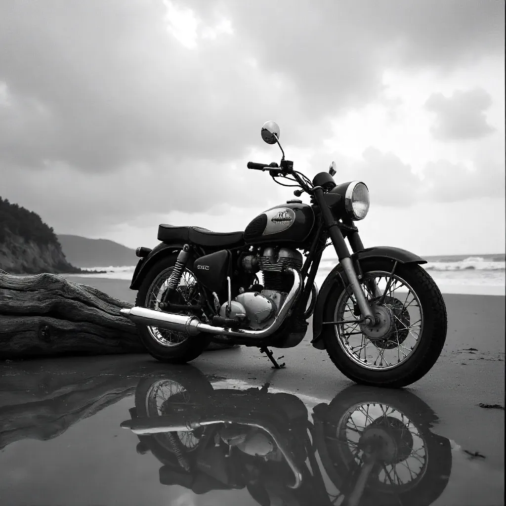 Moody Black and White Beach Motorcycle by Driftwood
