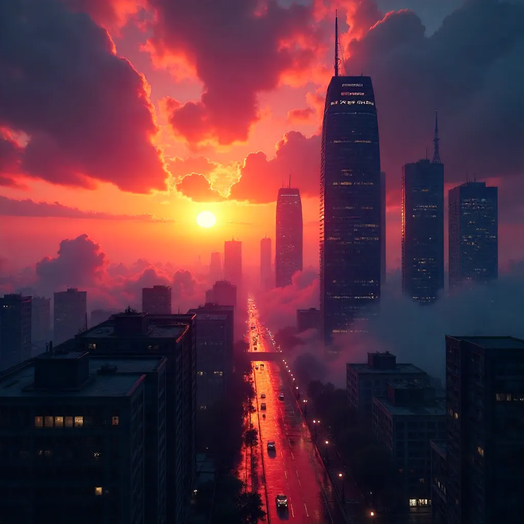 Dramatic Sunset Over a Cloud-Covered City Skyline