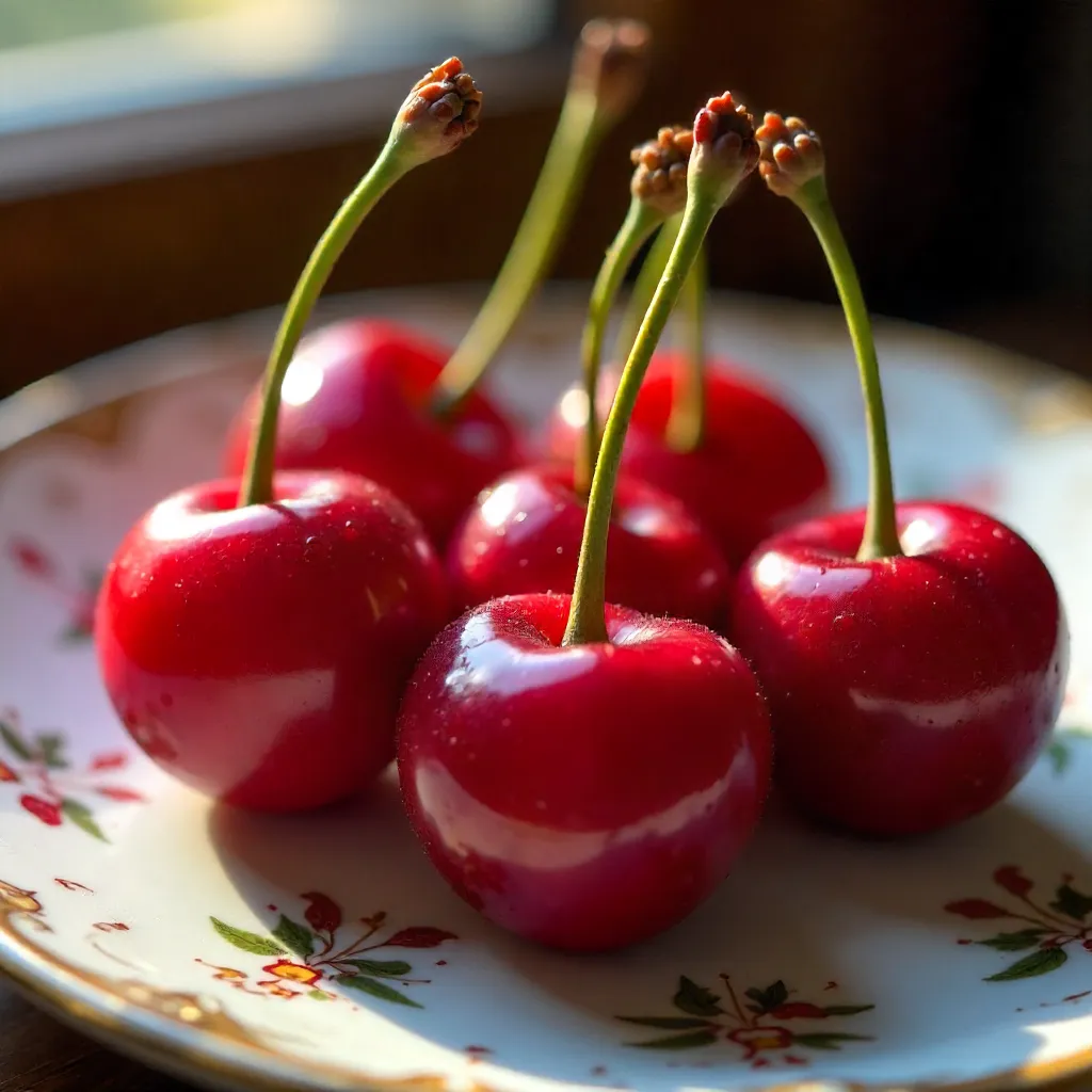 Close-up Fresh Red Cherries on a Decorative Plate