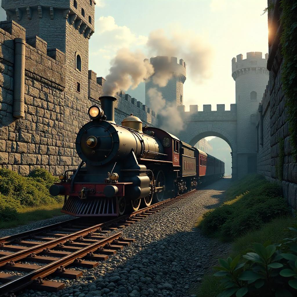 3D Render: Train Inside a Medieval Fortress Courtyard