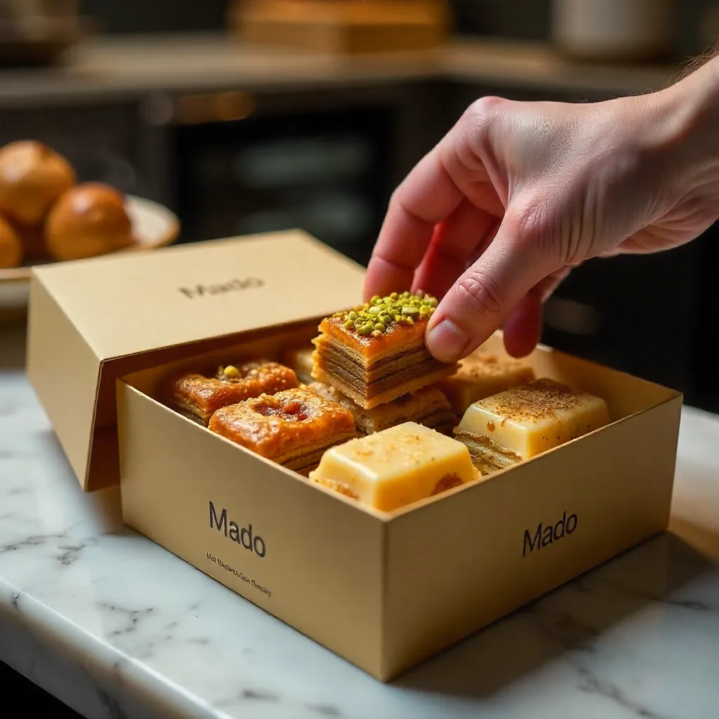 Hand Reaches Into Mado Gift Box of Turkish Pastries