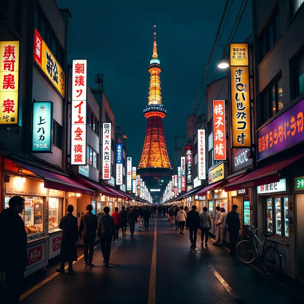 Lively Osaka Street Scene with Tsutenkaku Tower