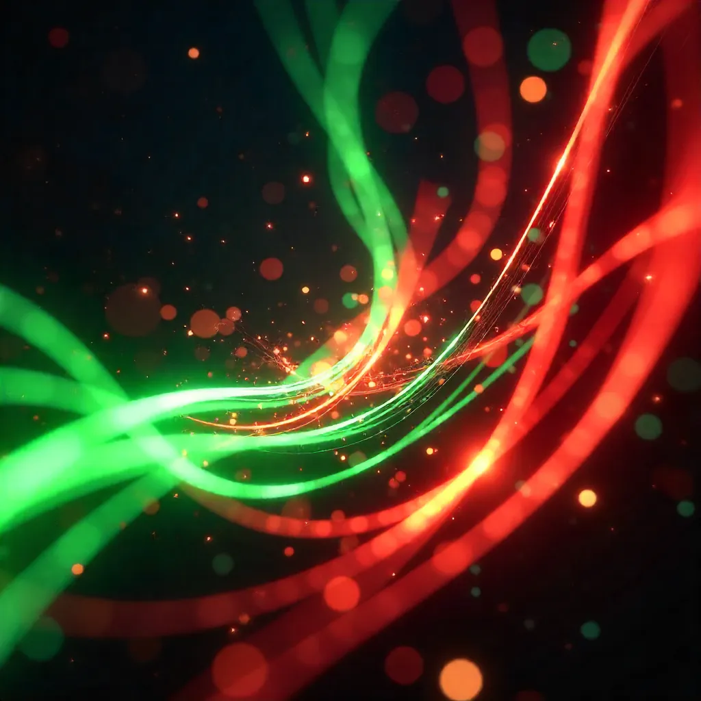 Vibrant Red-Green Light Trails: Dynamic Abstract Pattern