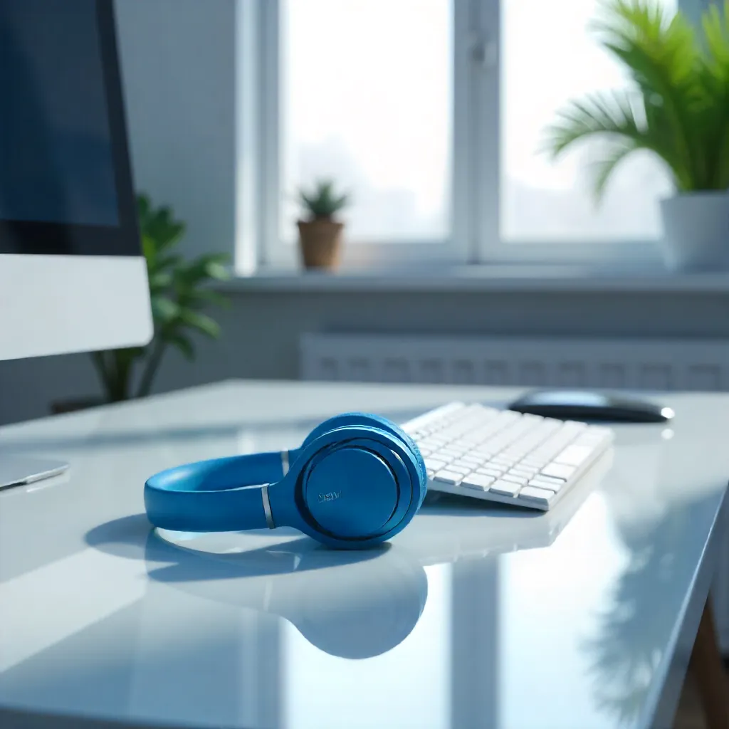 Blue Headphones and White Keyboard on a Minimal Desk