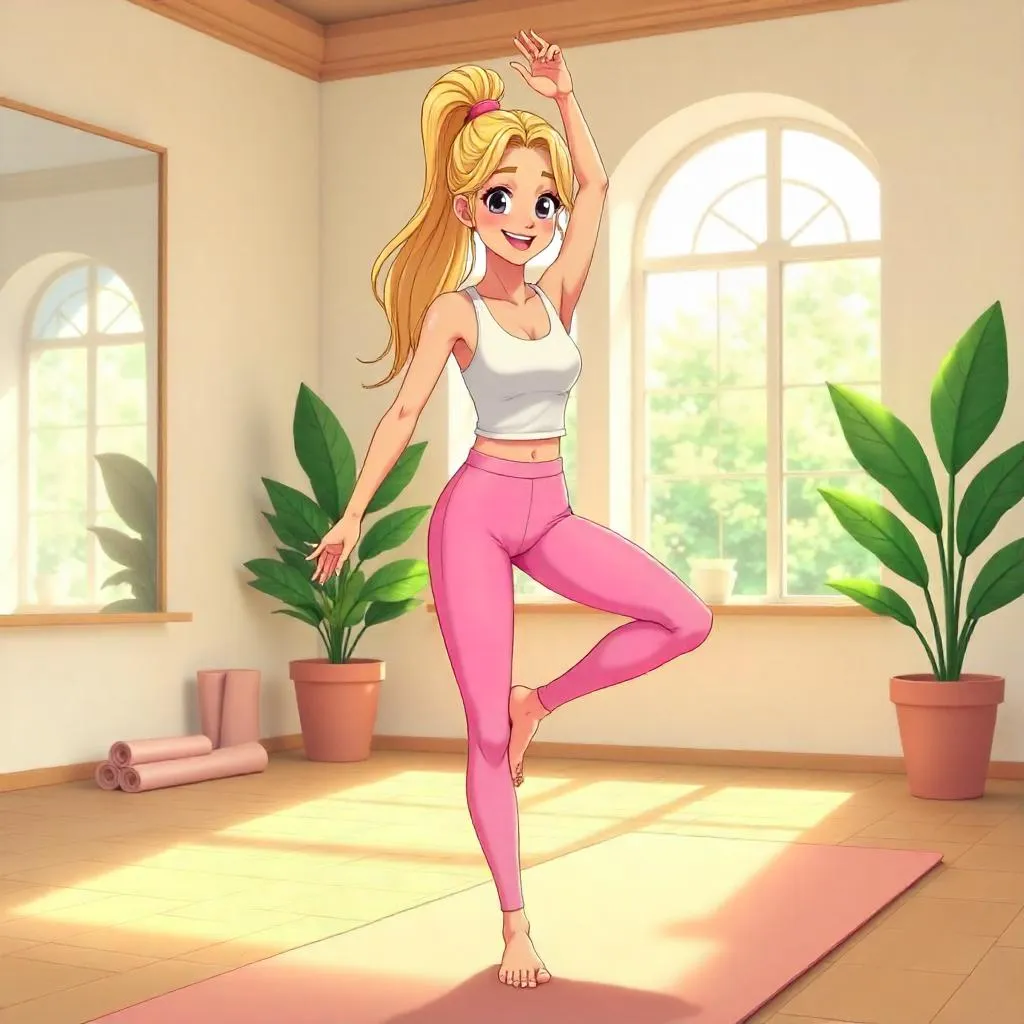 Cheerful Anime Girl in a Tranquil Yoga Studio