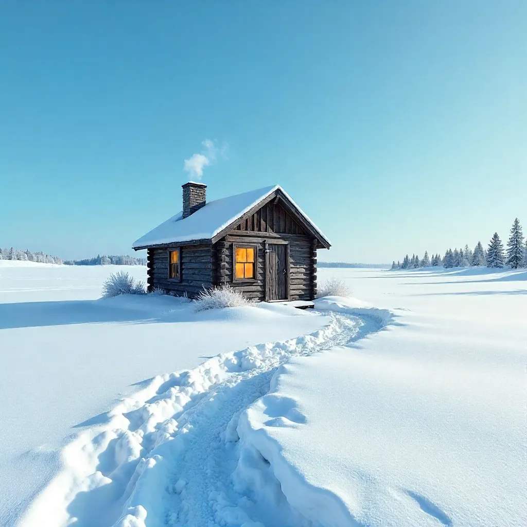 Isolated Snowbound Cabin Under a Clear Blue Sky