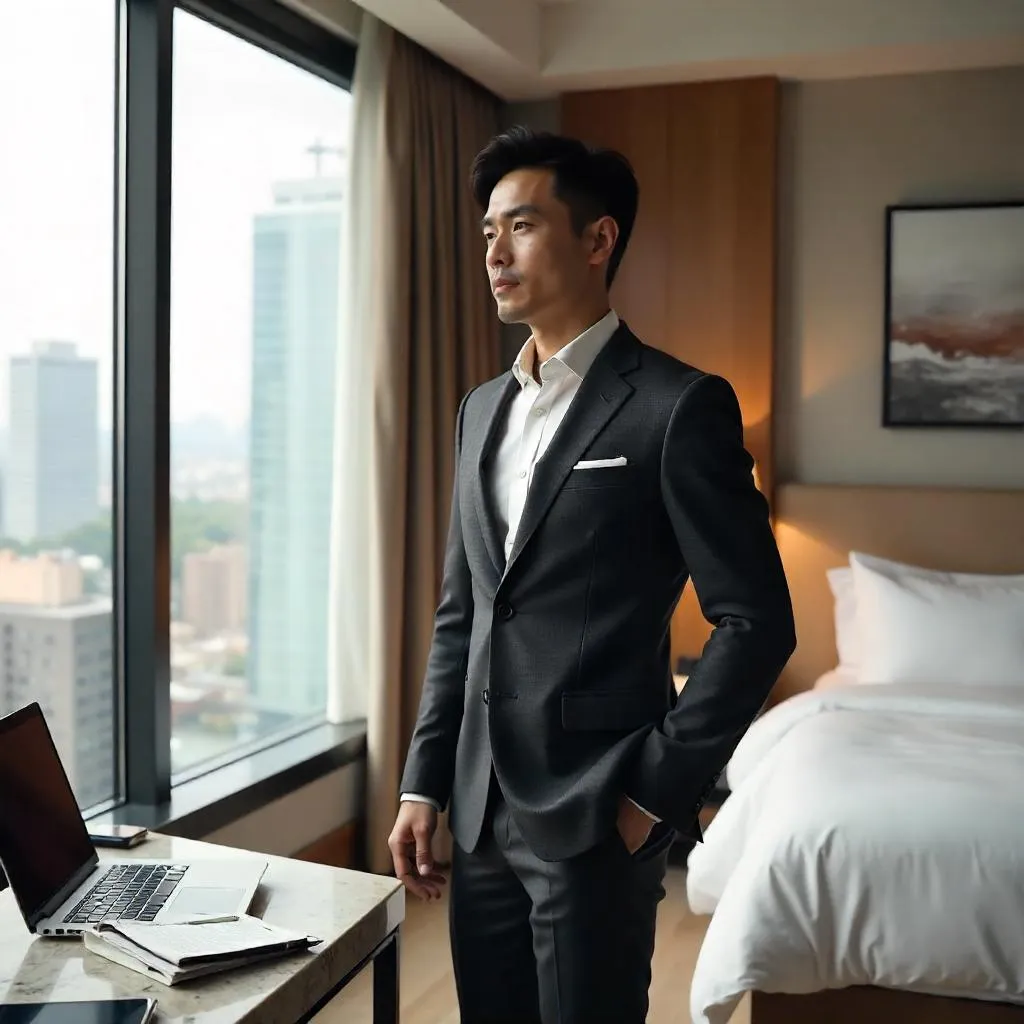 Photorealistic Asian Professional in a Hotel Room