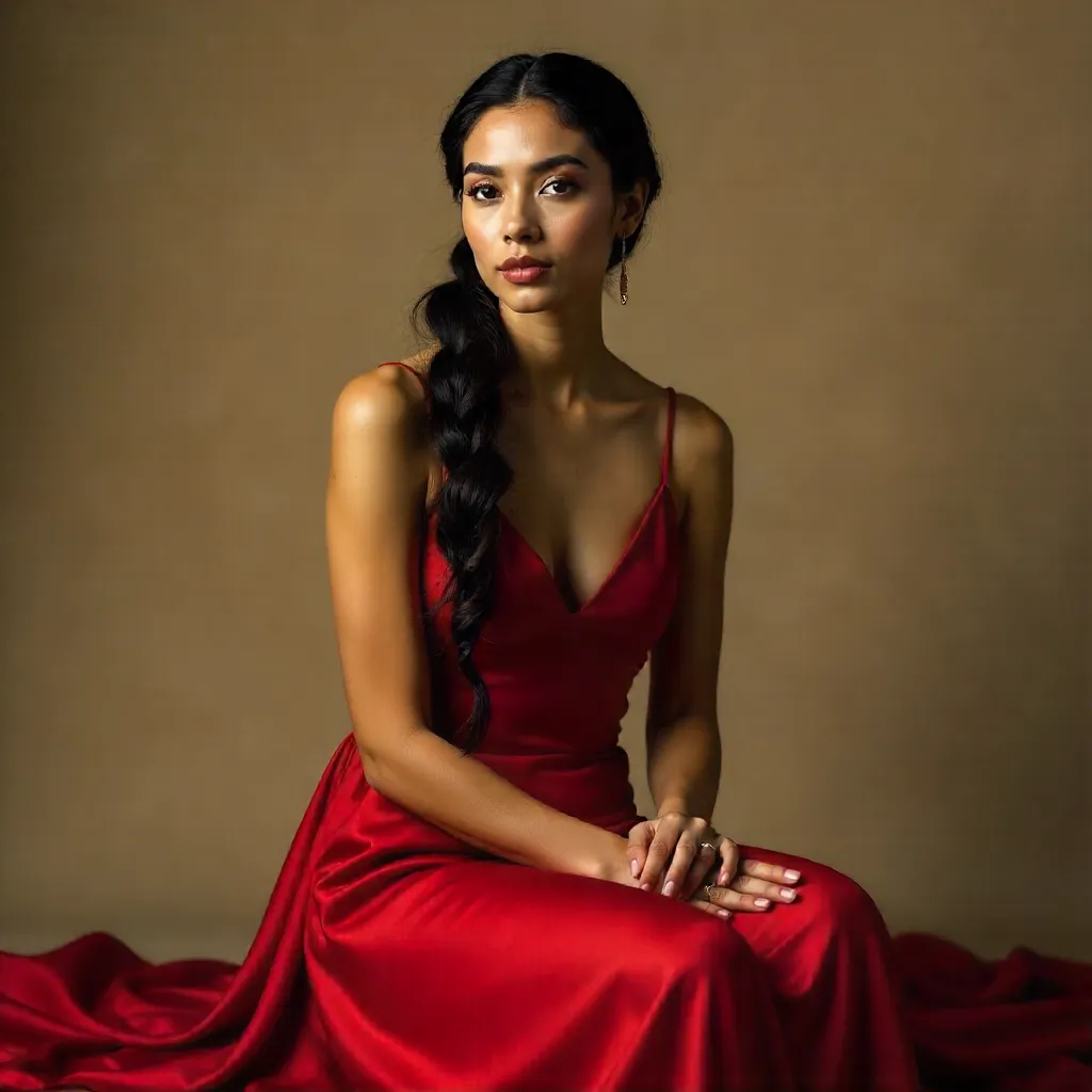 Elegant Portrait of a Woman in Red Dress with Long Braids