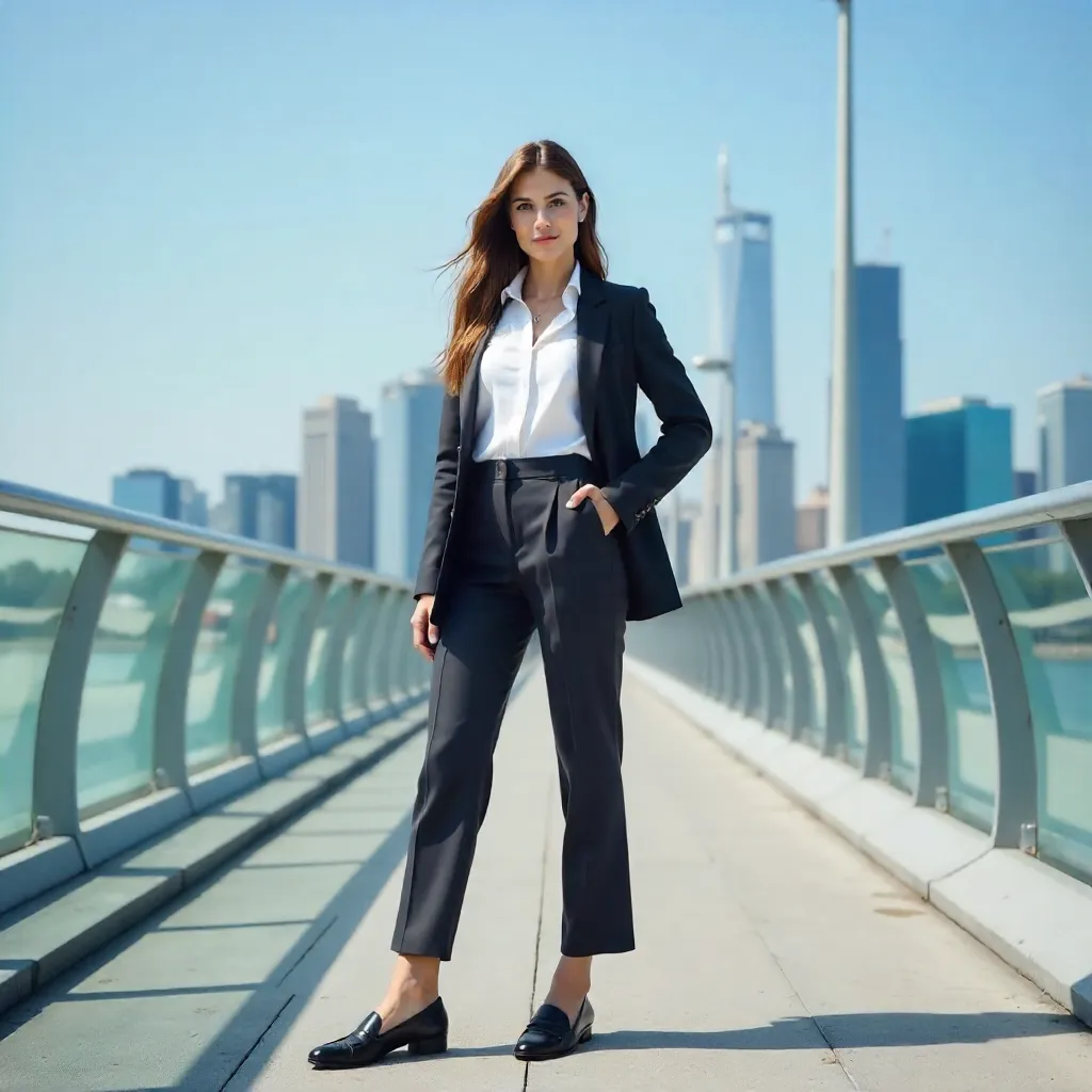 Confident Woman in Smart Attire on Urban Bridge