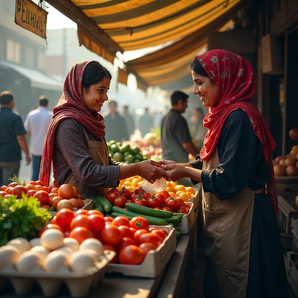 Bustling Market Stall: Vegetables, Eggs, Hijab Shopper