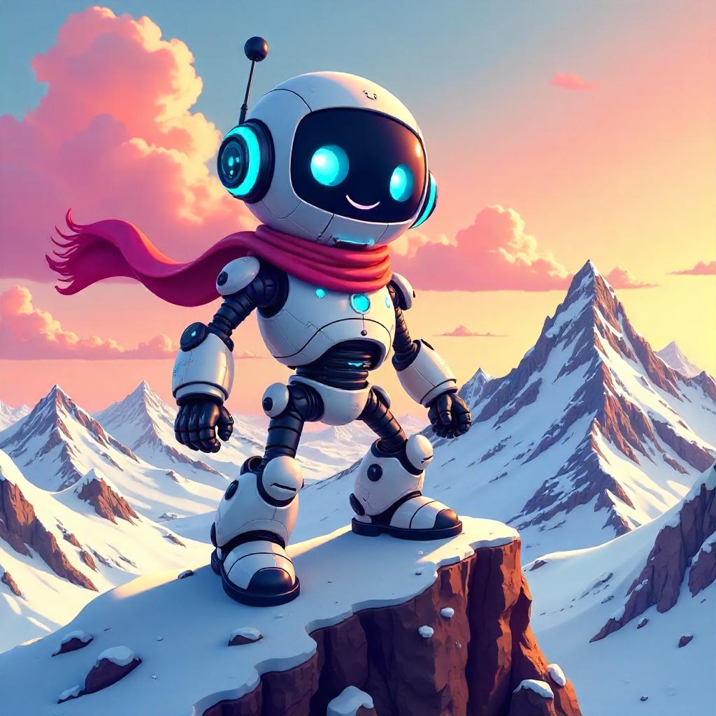 Cyborg Hero on a Mountain Peak - Cartoon Style