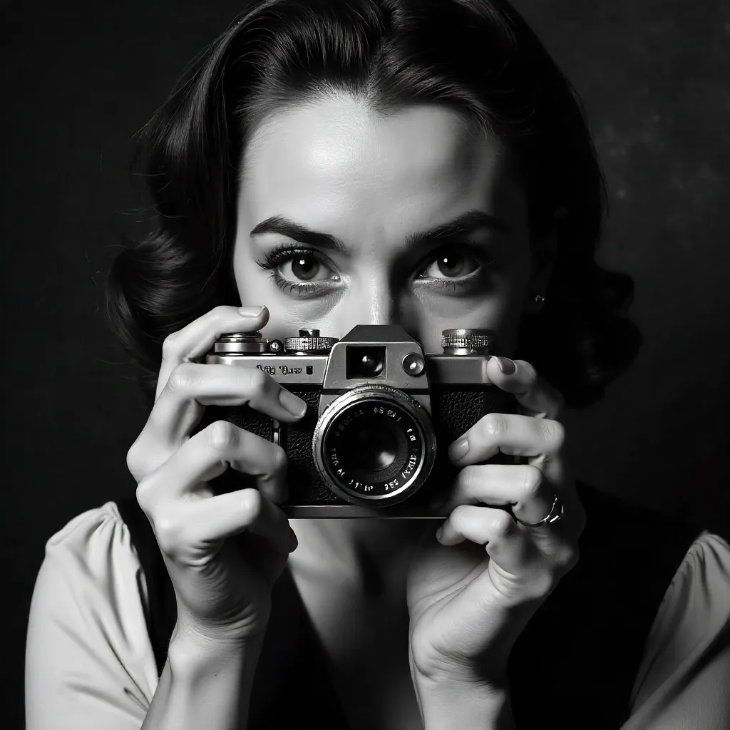 Obscured Gaze: Vintage Camera Portrait in Mono