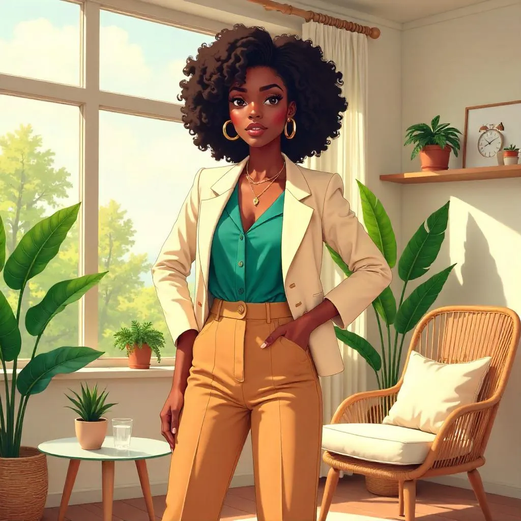 Confident Black Woman in a Sunlit Anime Sunroom