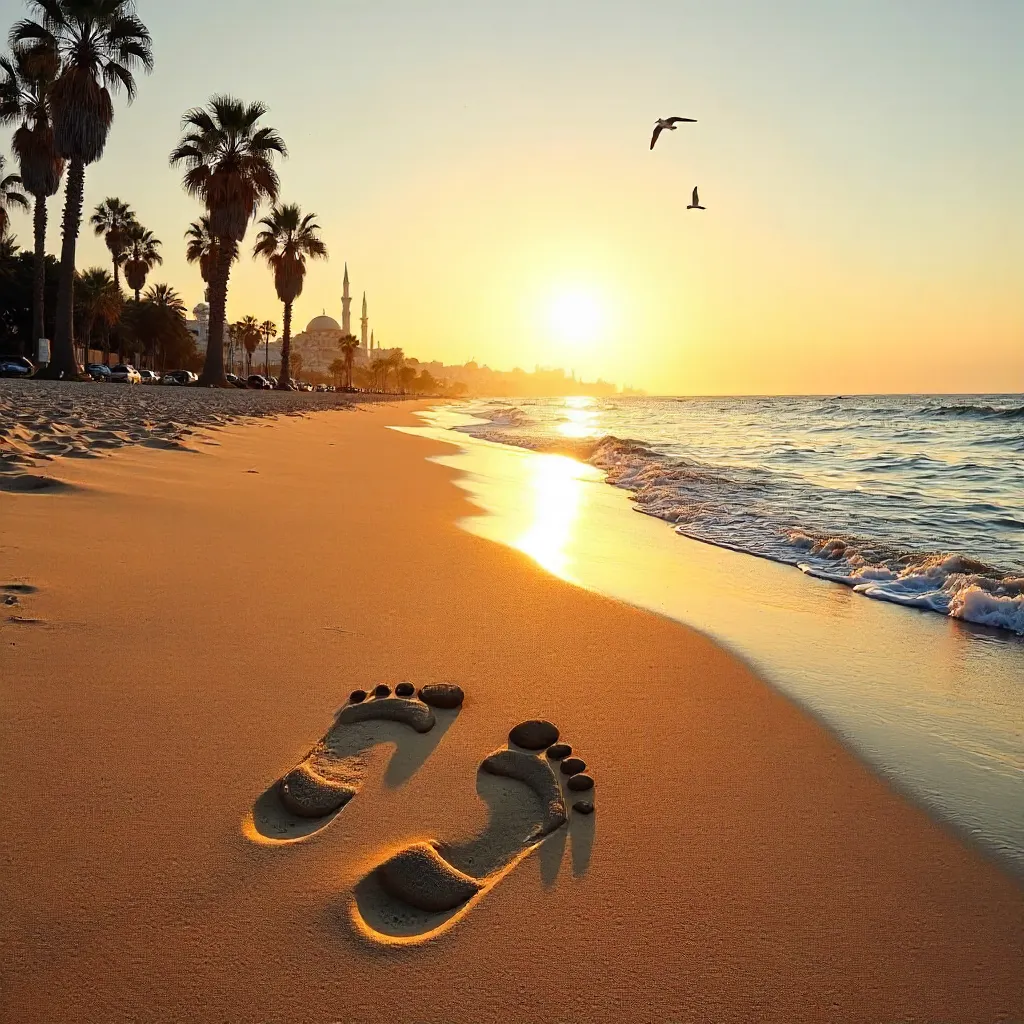 Footprints on Casablanca Beach at Sunset