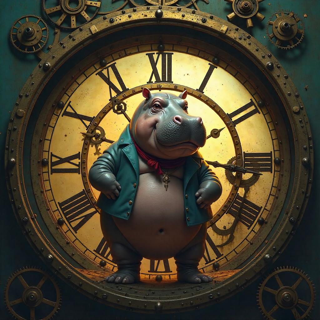 Hippo in a Giant Clock: Surreal Digital Art