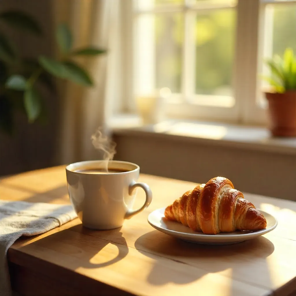 Cozy Morning Coffee and Croissant on Table