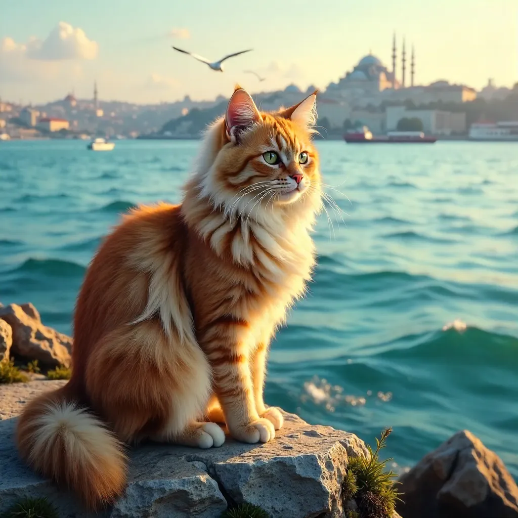 Fluffy Cat on Rocks with Istanbul Seascape