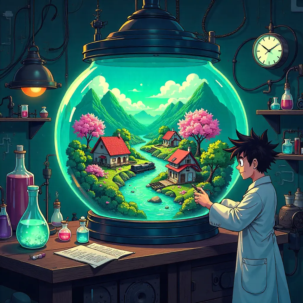 Miniature Anime Village Inside a Mad Scientist Lab