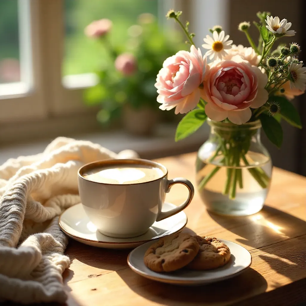 Cozy Morning with Coffee, Cookies, and Flowers