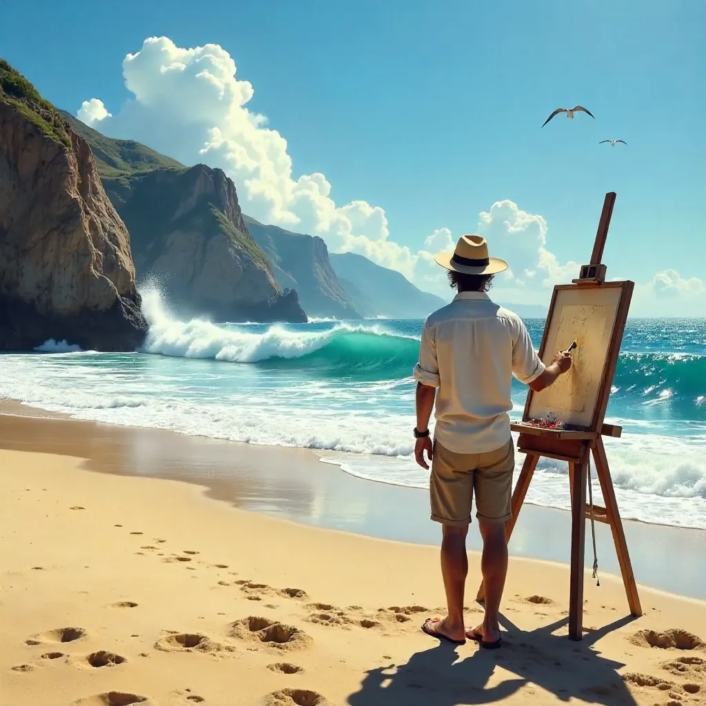 Sunlit Seascape Painter on Dramatic Cliff Coast