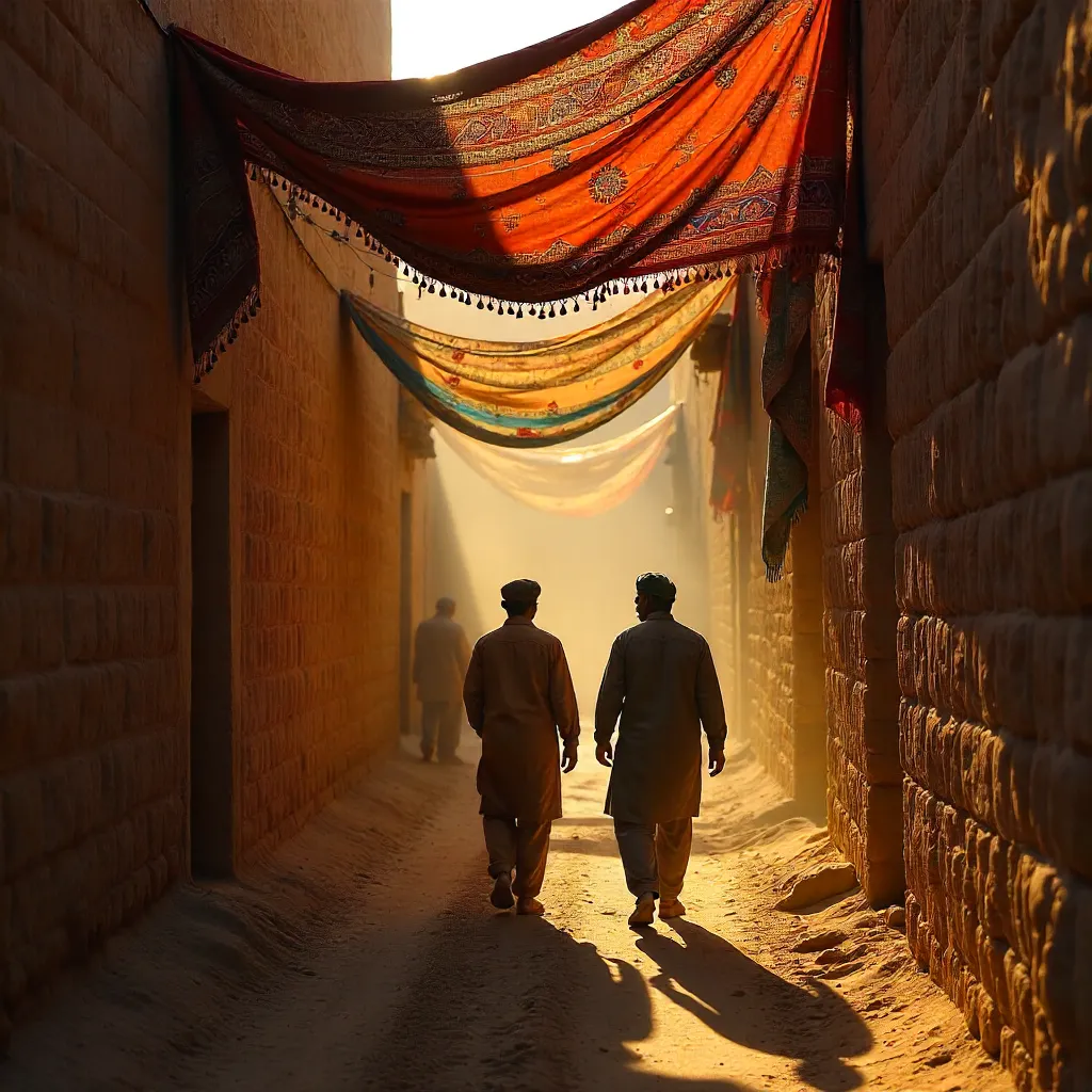 Silhouetted Walkers Under Textile Canopy in Jaisalmer Alley