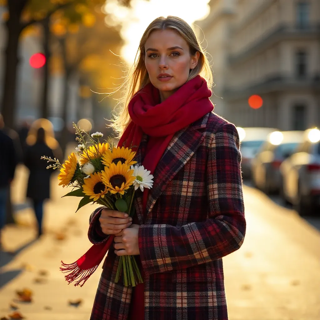 Chic Autumn Style: Red Scarf, Plaid Coat & Flowers