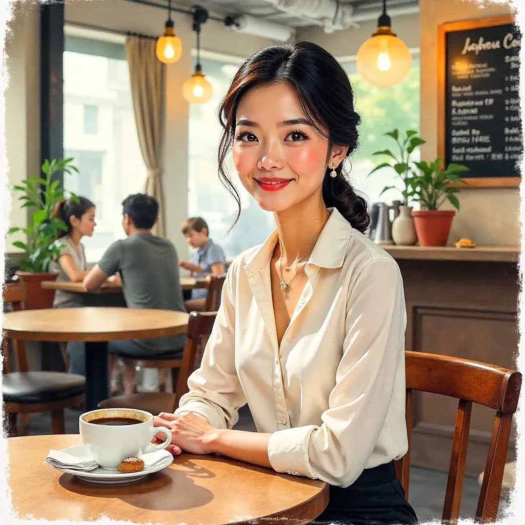 Elegant Asian Woman in a Watercolor Café