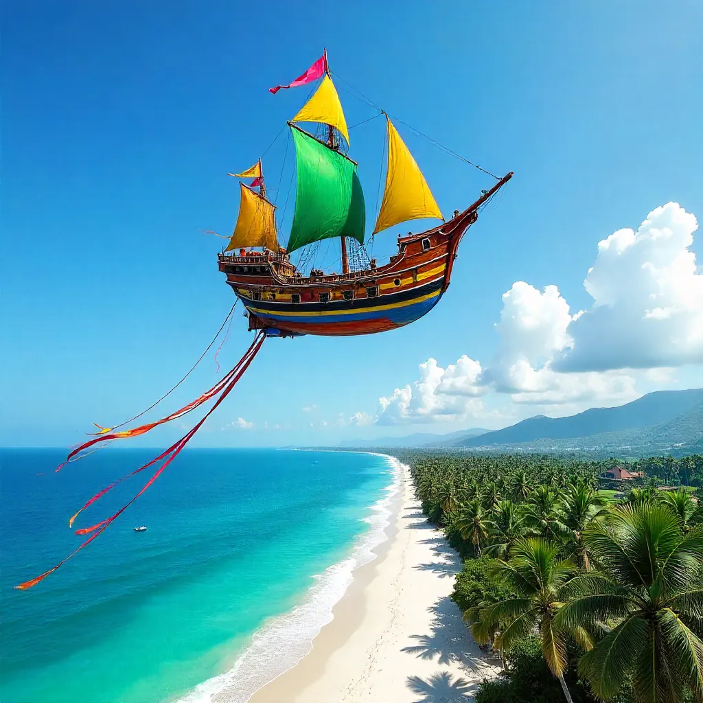 Vibrant Ship-Shaped Kite Over Bali's Azure Skies