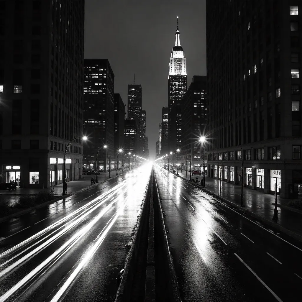 Monochrome Skyline: Skyscrapers and Motion Blur Traffic
