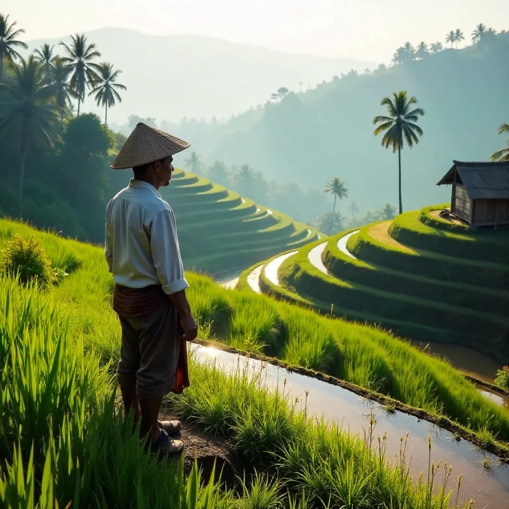 Lone Farmer in Bali's Emerald Rice Terraces