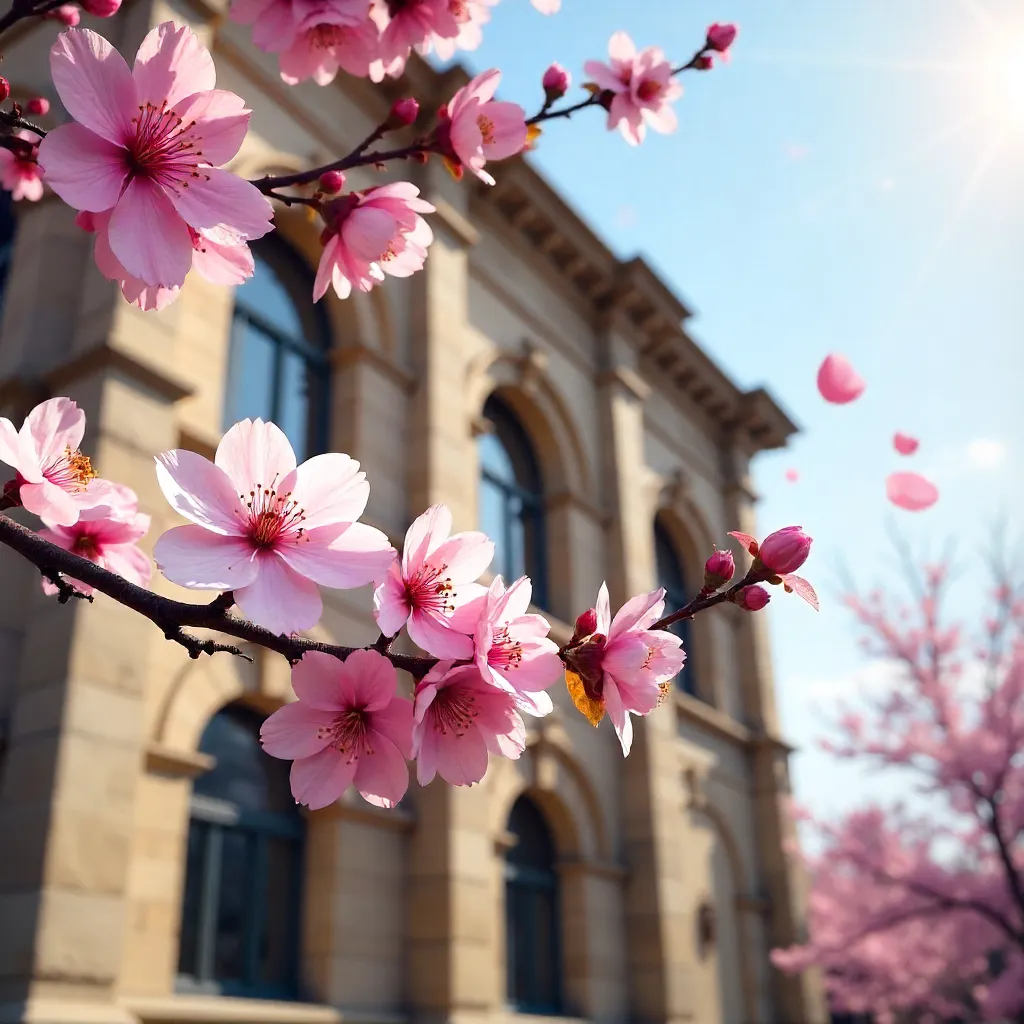 Spring Cherry Blossoms over Historic Building