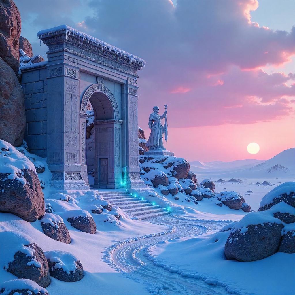 Ice Crystals Over Ancient Ruins in Digital-Art Dreamscape