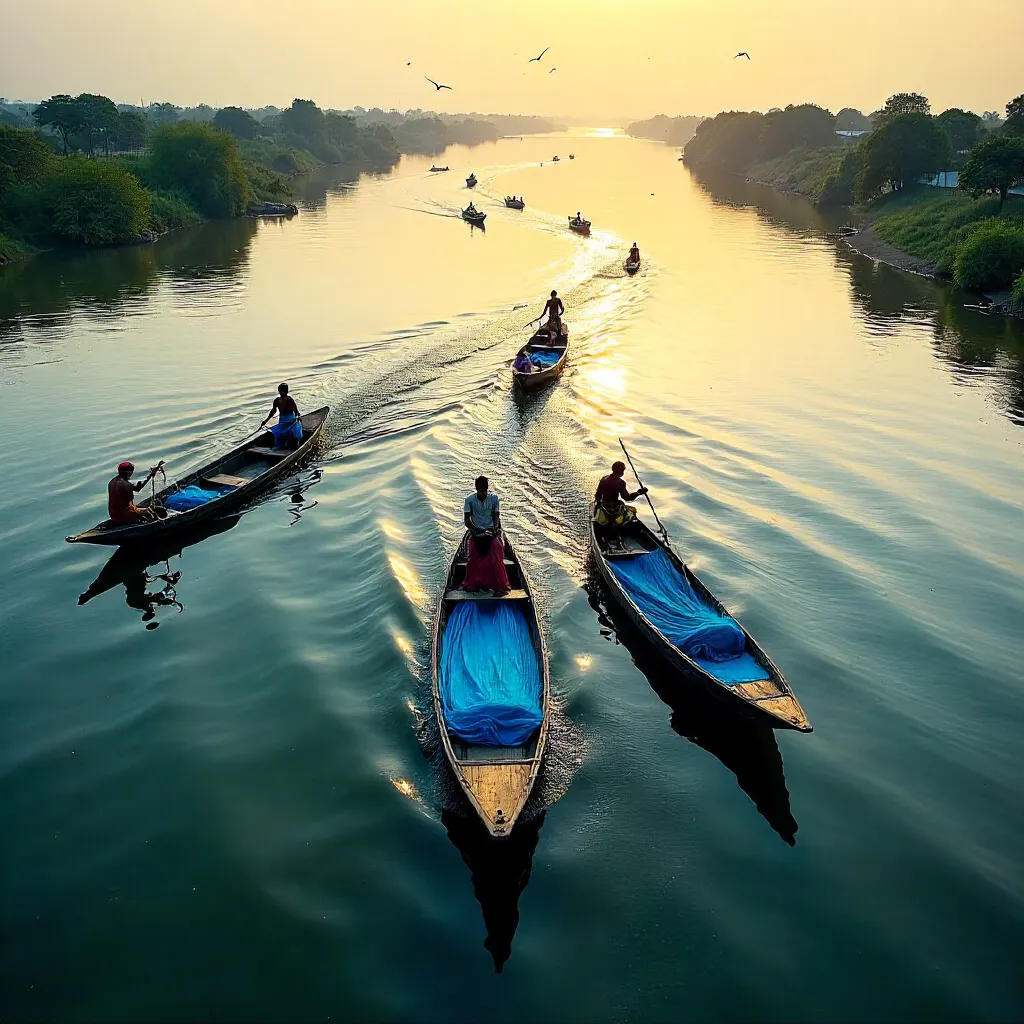 Aerial Bengal Fishermen with Blue Nets: Tradition and Teamwork