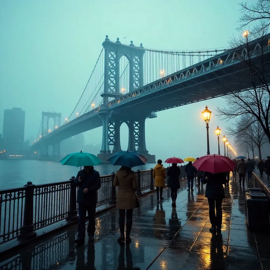 Umbrellas Over Foggy Brooklyn Bridge