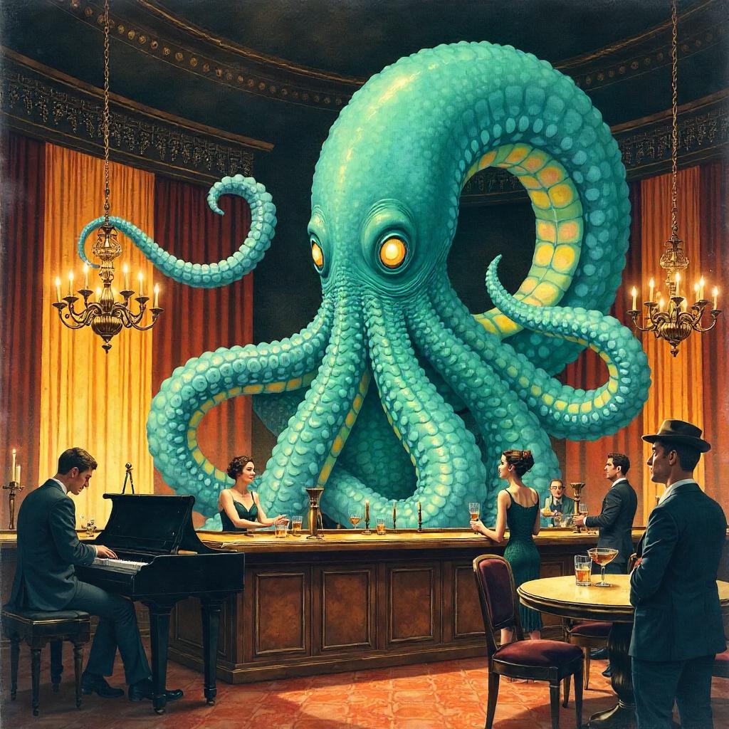 Watercolor Kraken in a Jazz-Age Speakeasy