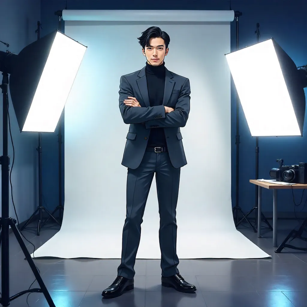 Confident Asian Man in a Modern Anime Studio