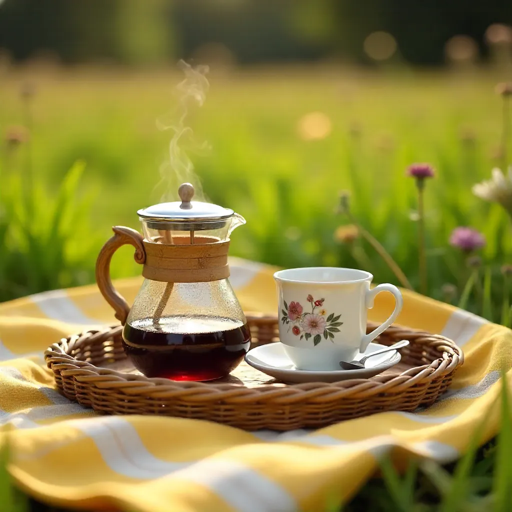 Cozy Outdoor Coffee Setup on a Yellow Checkered Blanket
