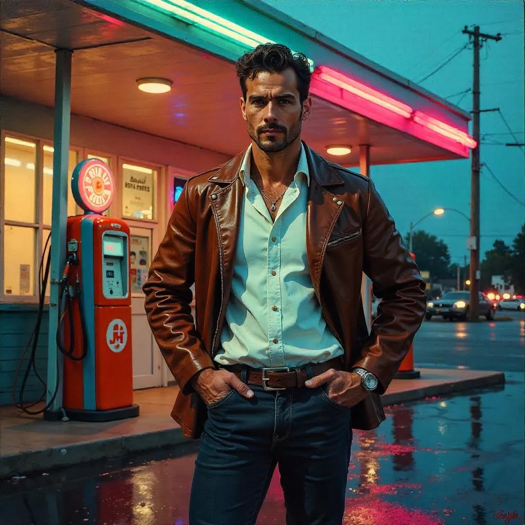 Confident Latino Man at a Neon Gas Station
