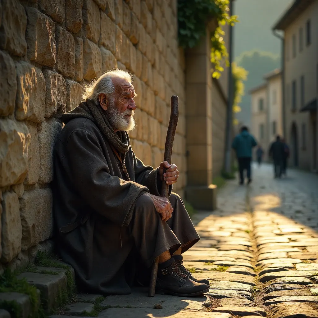Elderly Man Reflecting by a Historic Stone Wall