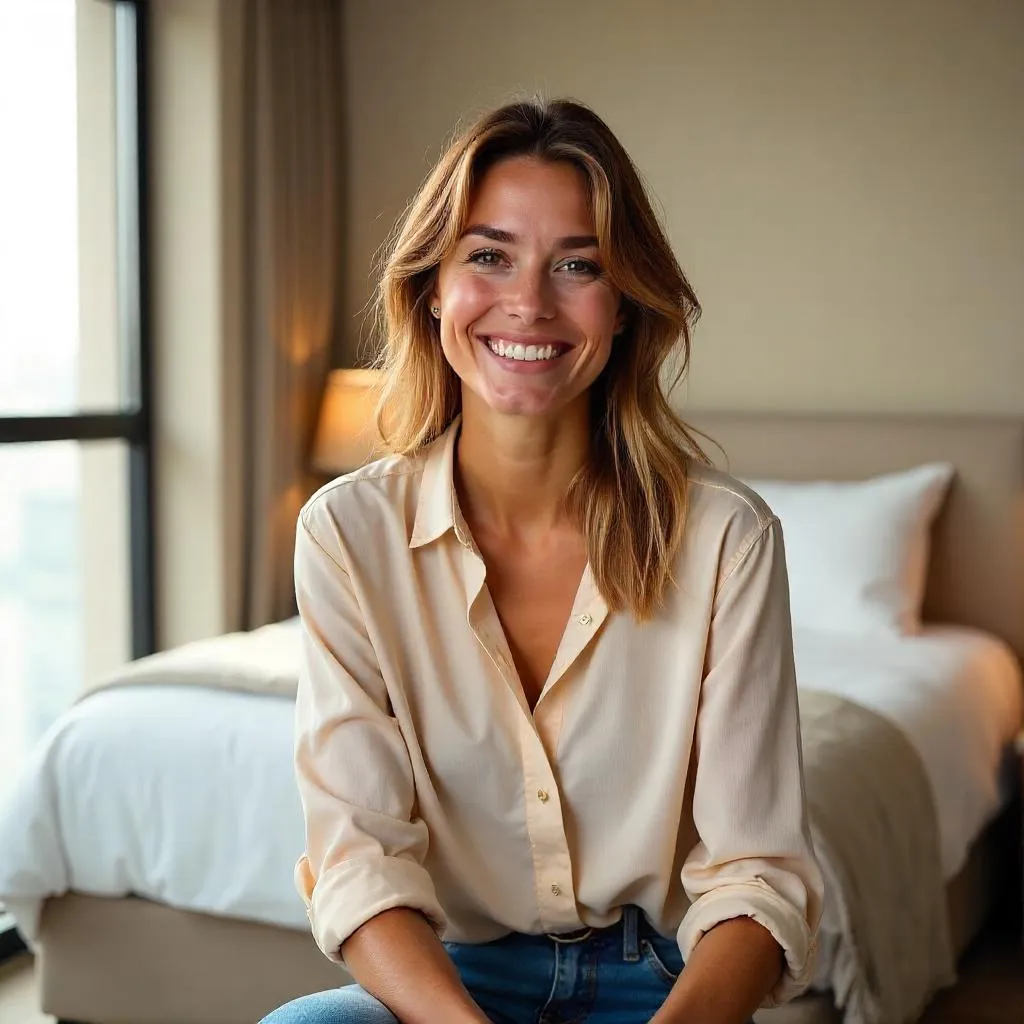 Cheerful Caucasian Woman in a Hotel Room