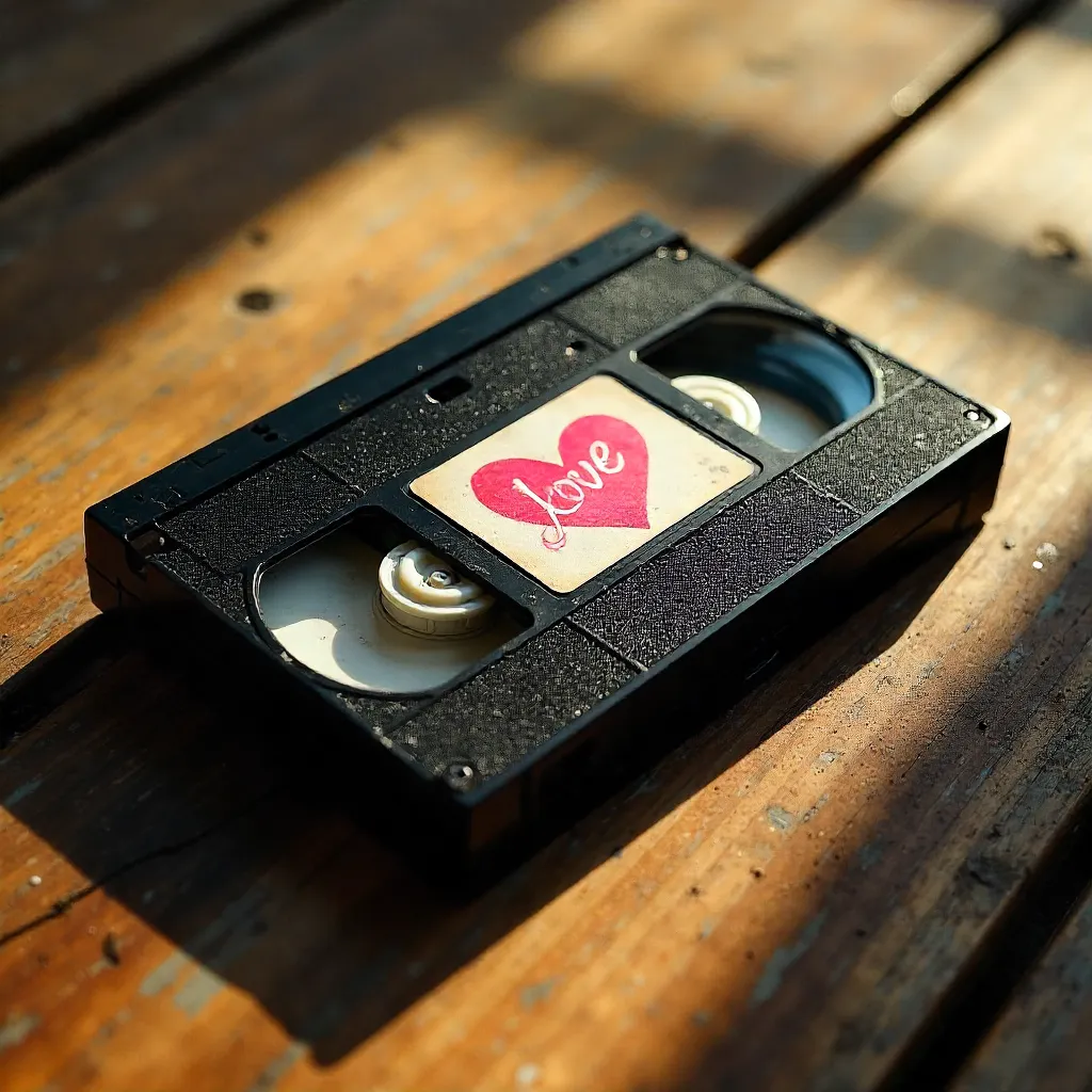 Heart on VHS: Nostalgic Tape on Wood
