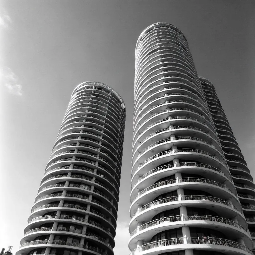Black and White Marina City Towers with Honeycomb Facade