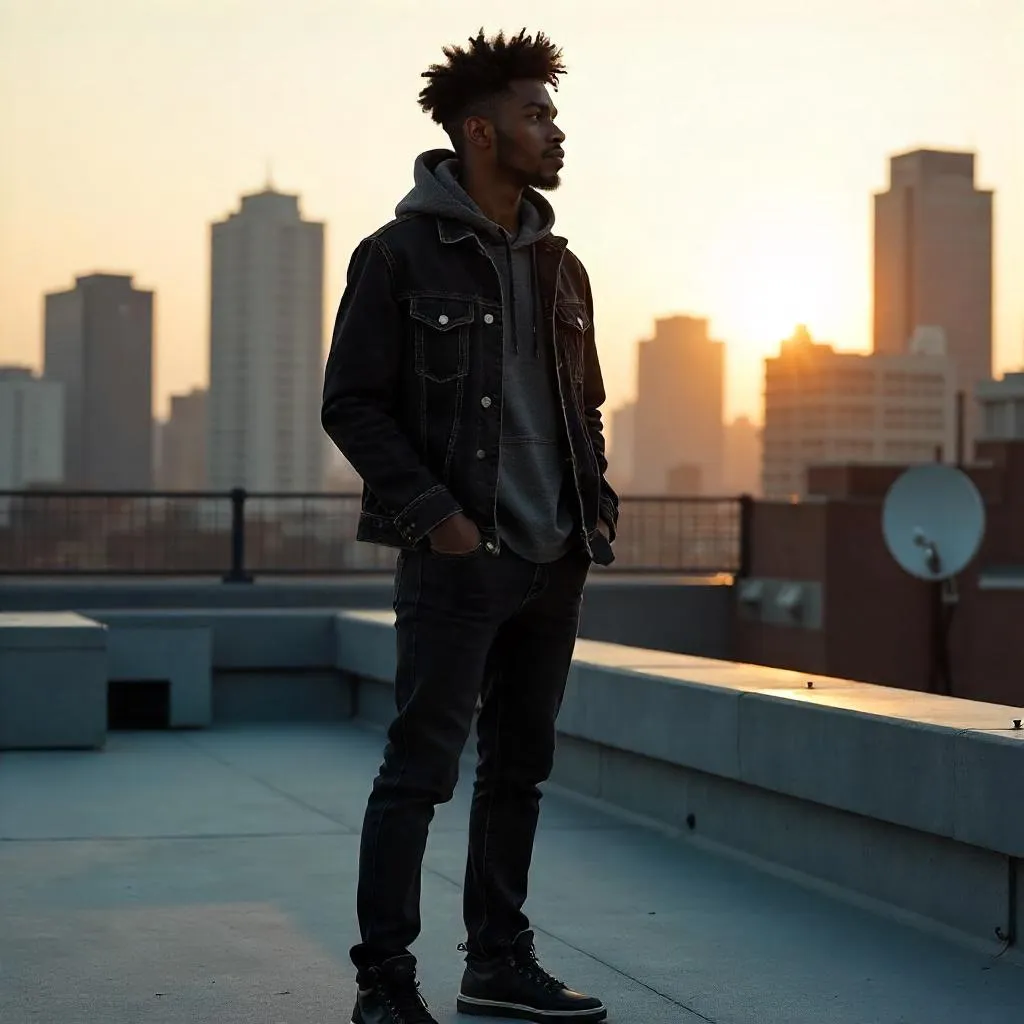 Rooftop Contemplation: Photorealistic Portrait of a Young Black Man