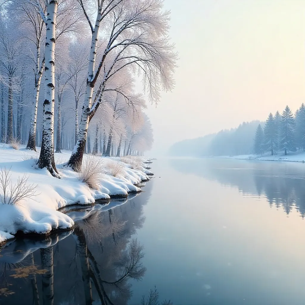 Silent Snowy Riverbank with White Birch Reflections