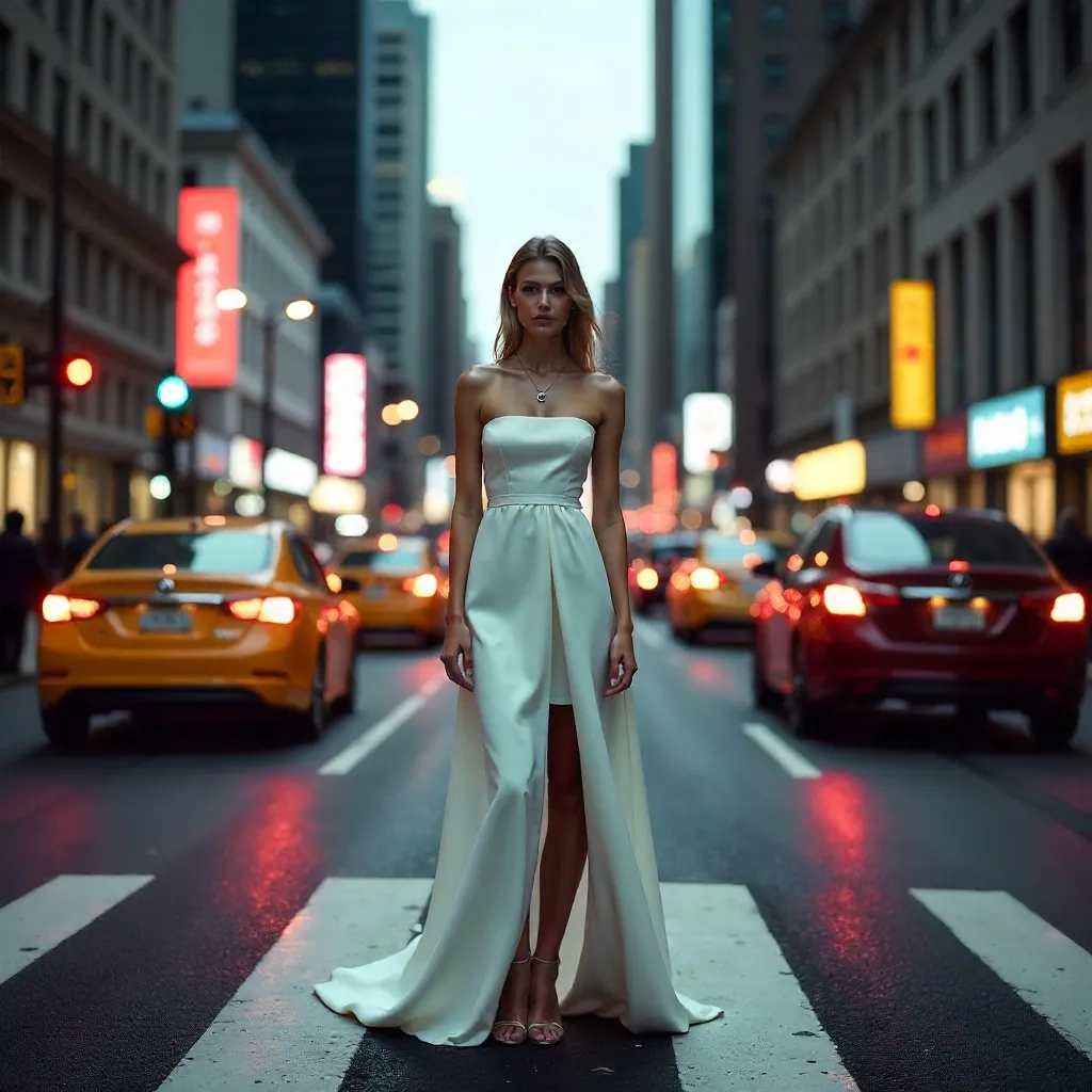 White Dress Amidst Busy City Traffic: Striking Contrast