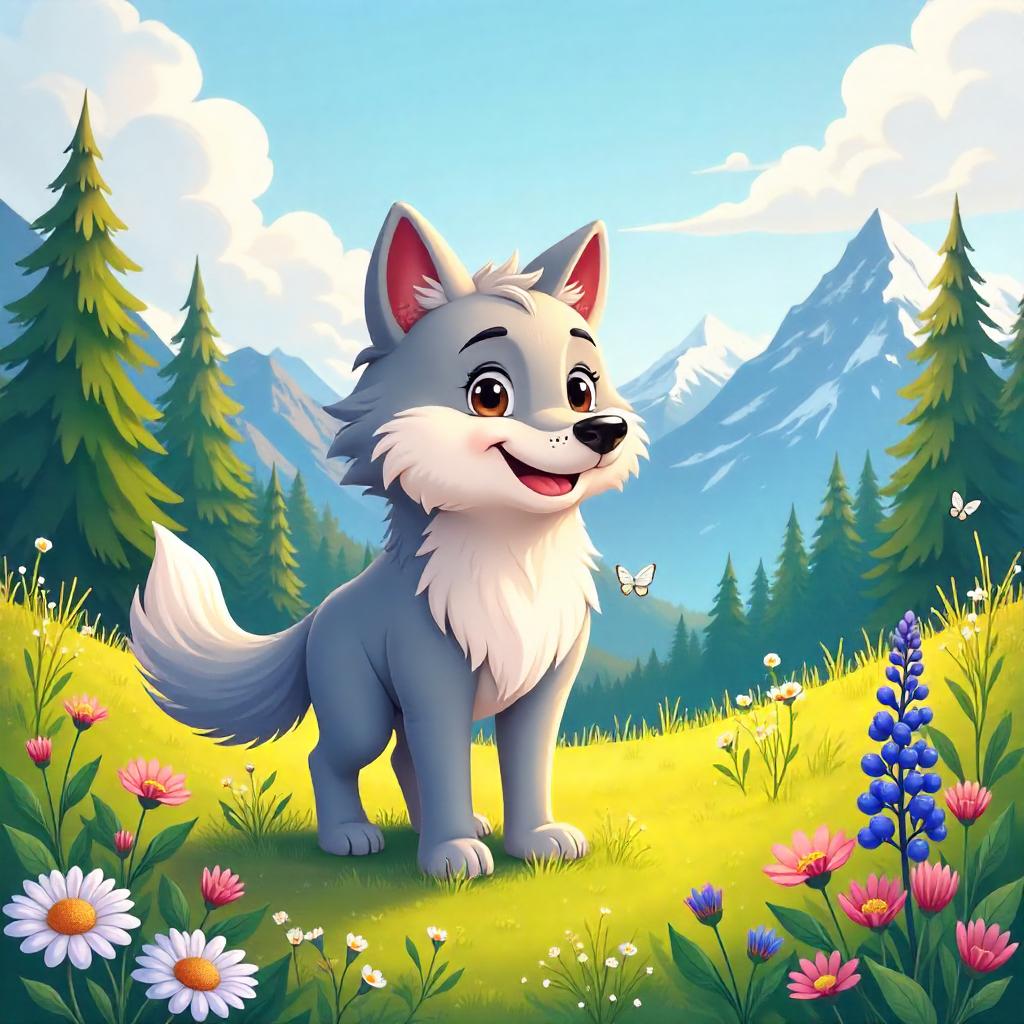 Cheerful Cartoon Wolf in an Alpine Meadow
