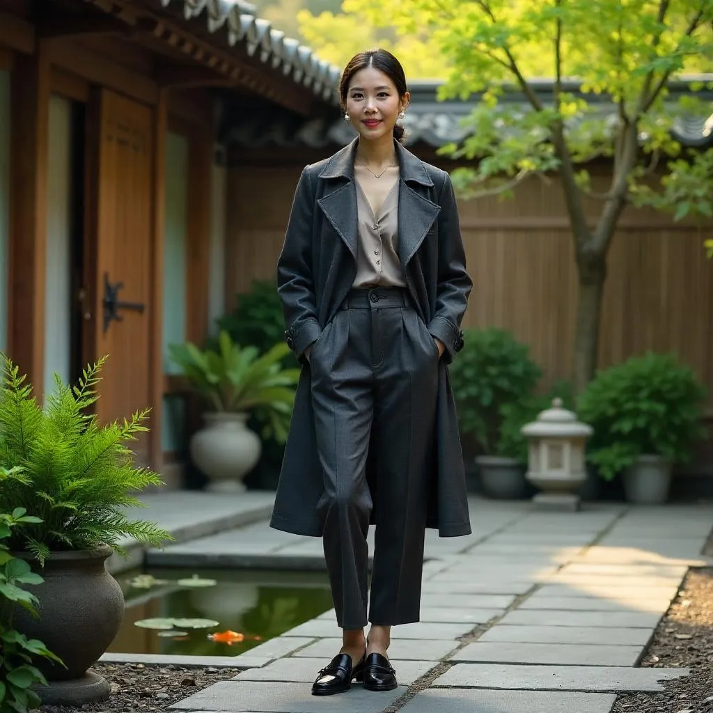 Courtyard Chic: Photorealistic East Asian Woman