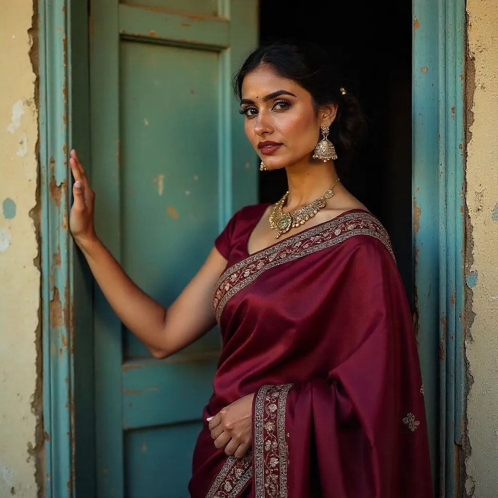 Poised in Burgundy by a Weathered Door